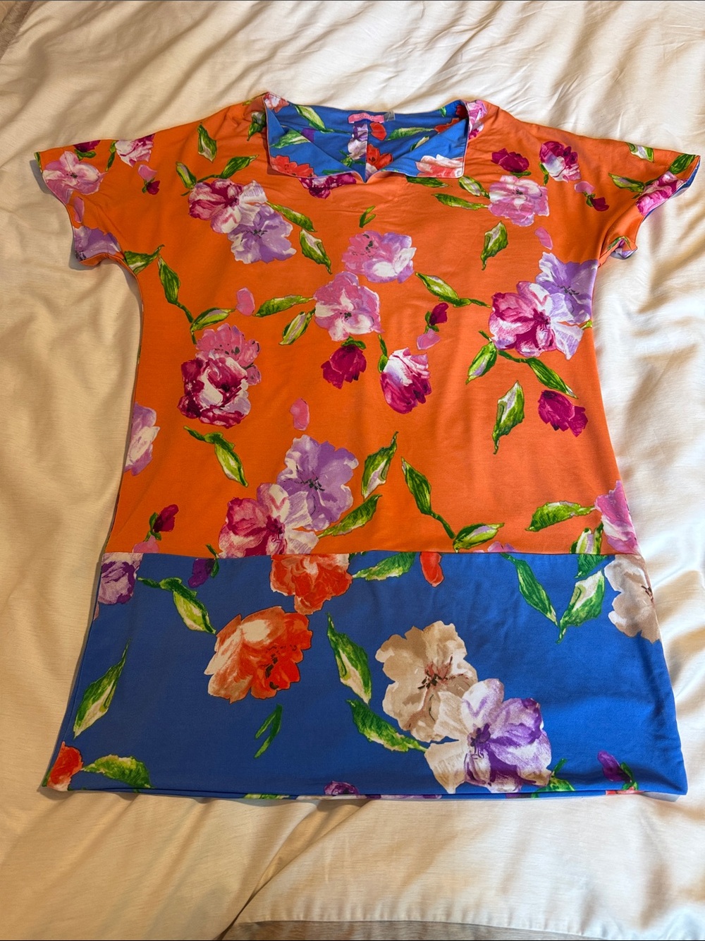 Isaac Mizrahi Orange Floral Colorblock Scoop Neck Top with Blue Panel